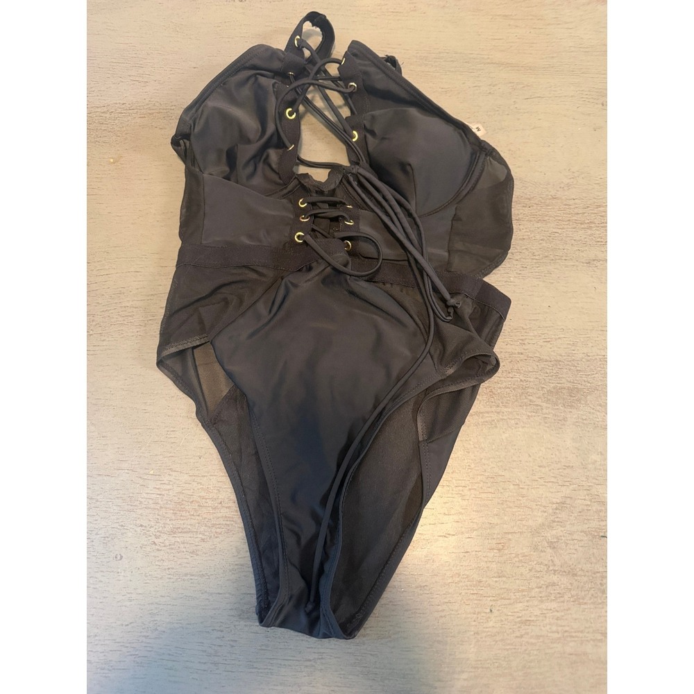 XOXO Black Lace Up Mesh One Piece Swimsuit Padded Monokini Gold Grommets Medium